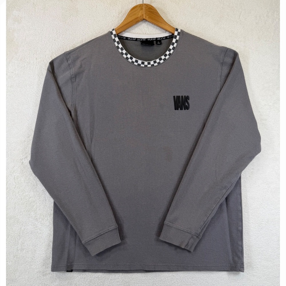 Vans Mens Long Sleeve Waffle Knit Thermal Shirt Gray Checkered Neck Logo Large
